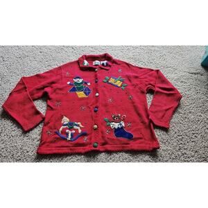 Vintage Christmas Cardigan Ugly Holiday Sweater Embroidered Snowman Teddy Bear L